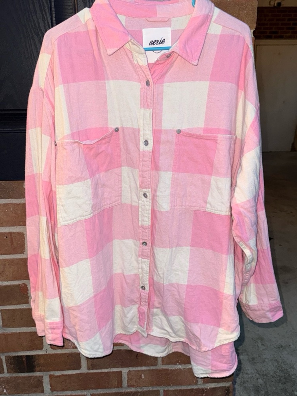 aerie Pink and Cream Buffalo Check Button-Up Shirt